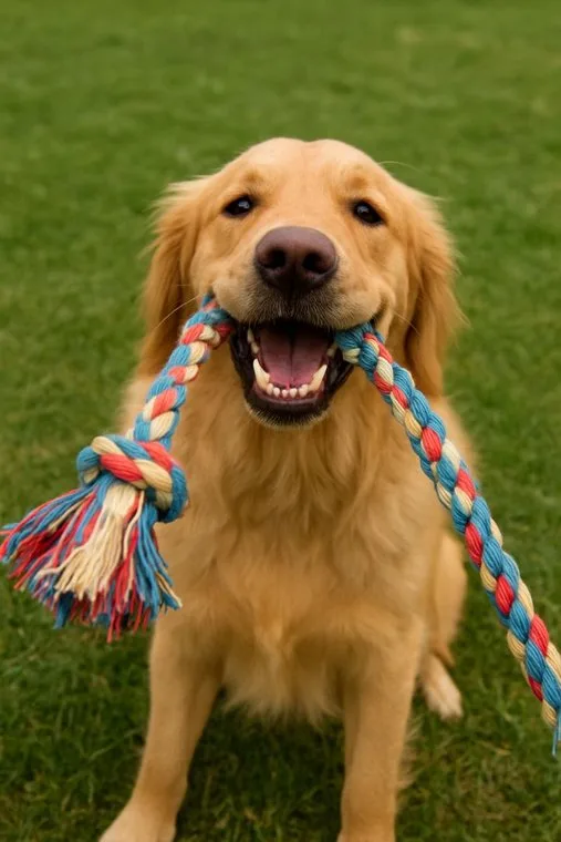 A golden retriever carrying a rope toy