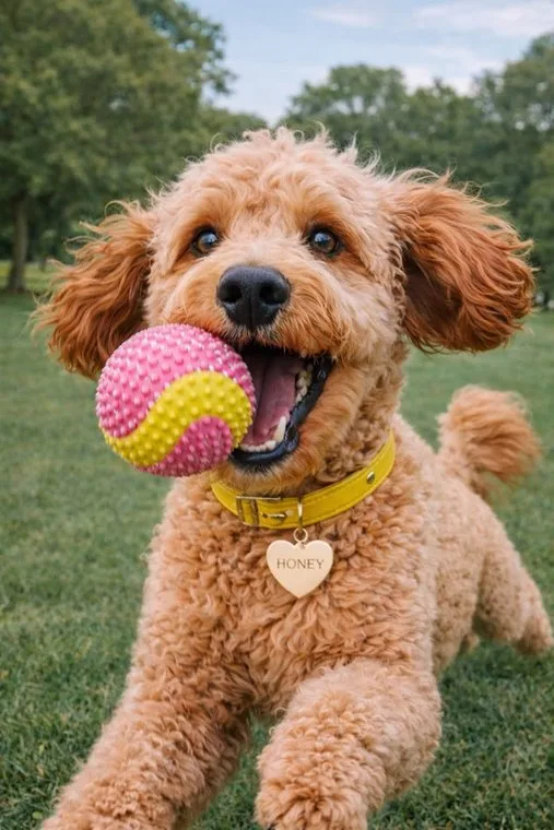 A goldendoodle puppy playing with a ball