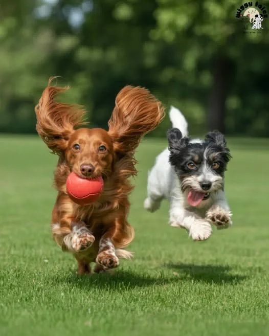 Two dachshunds racing after a ball