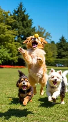 A pack of dogs running together across the lawn